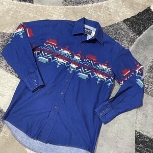 Wrangler Western Shirt Men Medium Blue Aztec Western Pearl Snap Cowboy Rodeo